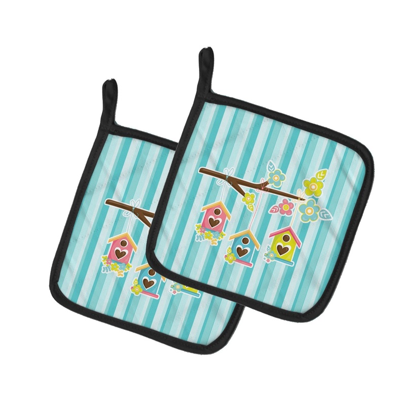 Birdhouses on Blue Stripes Pot Holders - Set of 2 - Heat-Resistant Kitchen Essentials BB7011PTHD