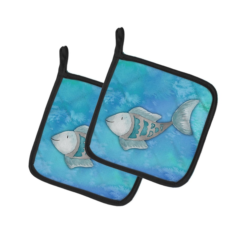 Blue Fish Watercolor Pot Holders - Set of 2 - Heat-Resistant Kitchen Essentials BB7386PTHD