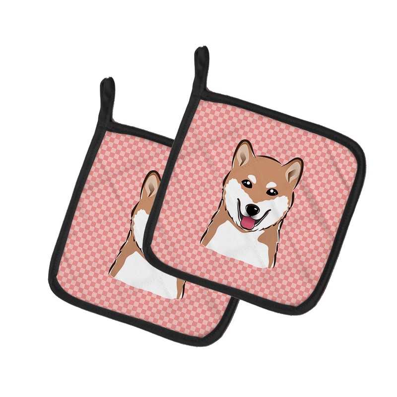 Checkerboard Pink Shiba Inu Pot Holders - Set of 2 - Heat-Resistant Kitchen Essentials BB1225PTHD