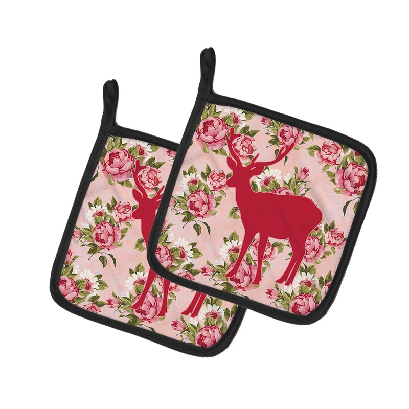 Deer Shabby Chic Pink Roses Pot Holders - Set of 2 - Heat-Resistant Kitchen Essentials BB1012-RS-PK-PTHD