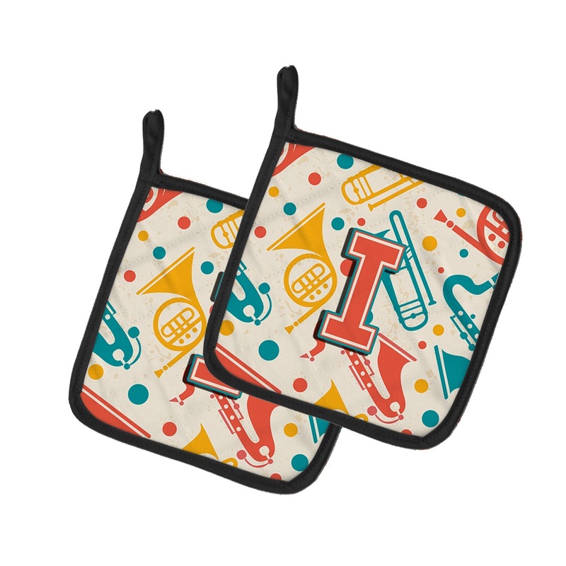 Letter I Retro Teal Orange Musical Instruments Initial Pot Holders - Set of 2 - Heat-Resistant Kitchen Essentials CJ2001-IPTHD