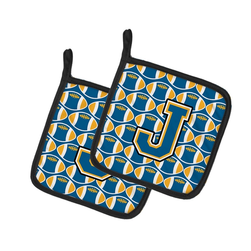 Letter J Football Blue and Gold Pot Holders - Set of 2 - Heat-Resistant Kitchen Essentials CJ1077-JPTHD