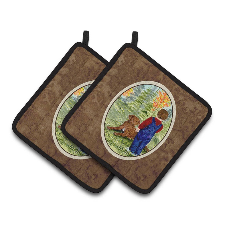 Little boy with his Chesapeake Bay Retriever Pot Holders - Set of 2 Decorative Kitchen Helpers | Made in the USA SS8547PTHD