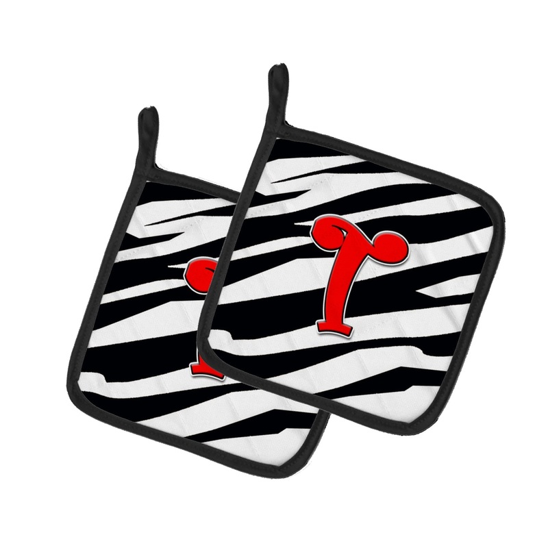 Monogram Initial T Zebra Red Pot Holders - Set of 2 - Heat-Resistant Kitchen Essentials CJ1024-TPTHD