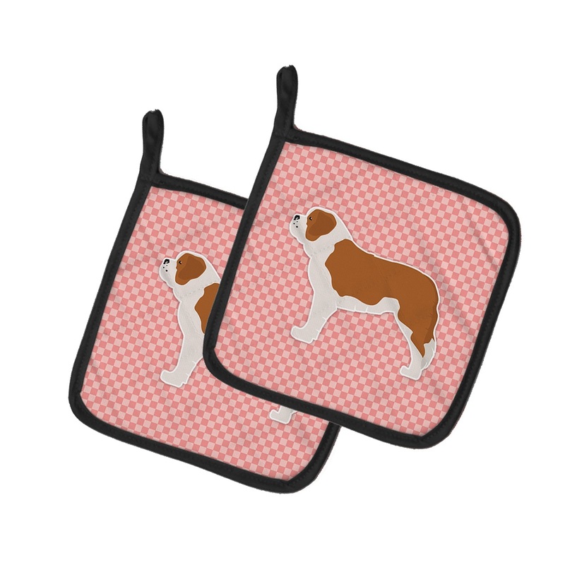 Saint Bernard Checkerboard Pink Pot Holders - Set of 2 - Heat-Resistant Kitchen Essentials BB3676PTHD