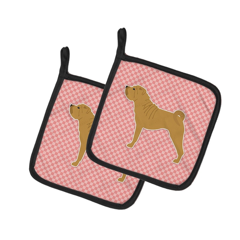 Shar Pei Merry Checkerboard Pink Pot Holders - Set of 2 - Heat-Resistant Kitchen Essentials BB3652PTHD