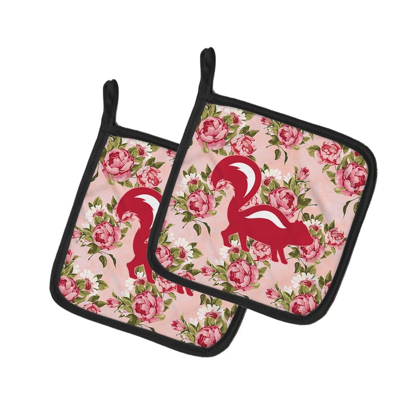 Skunk Shabby Chic Pink Roses Pot Holders - Set of 2 - Heat-Resistant Kitchen Essentials BB1125-RS-PK-PTHD