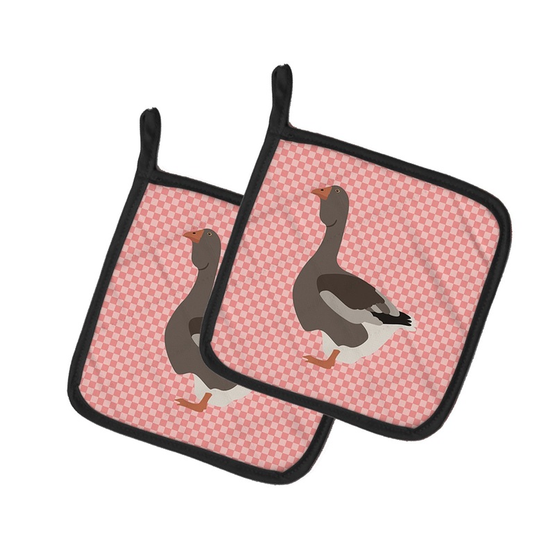 Toulouse Goose Pink Check Pot Holders - Set of 2 - Heat-Resistant Kitchen Essentials BB7897PTHD