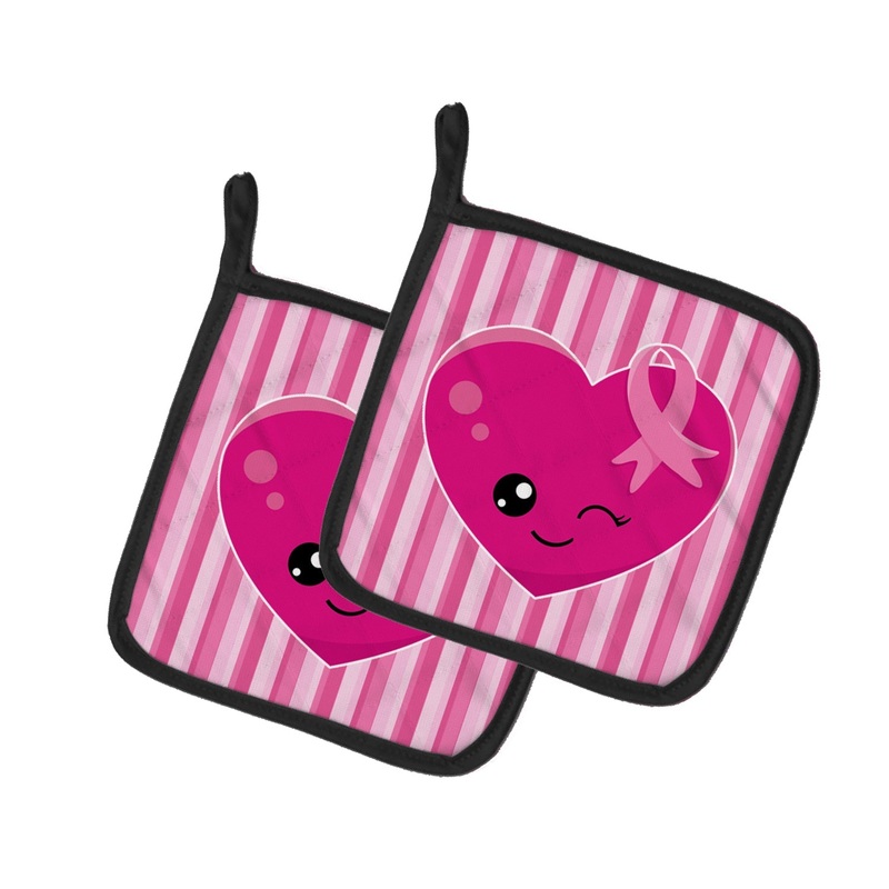 Breast Cancer Awareness Ribbon Heart Pot Holders - Set of 2 - Heat-Resistant Kitchen Essentials BB6982PTHD