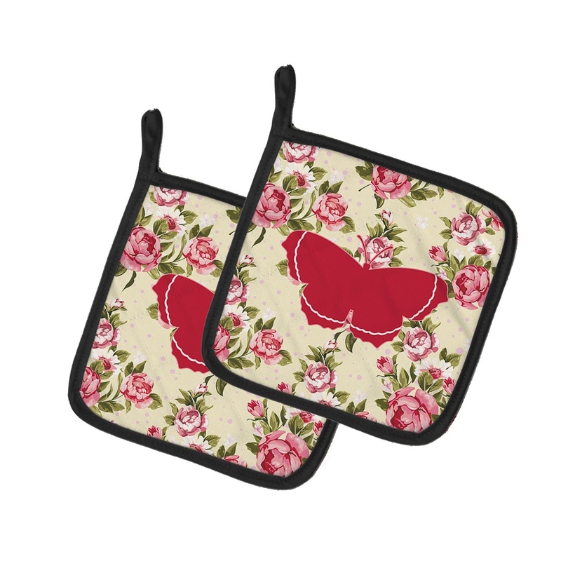 Butterfly Shabby Chic Yellow Roses Pot Holders - Set of 2 - Heat-Resistant Kitchen Essentials BB1037-RS-YW-PTHD