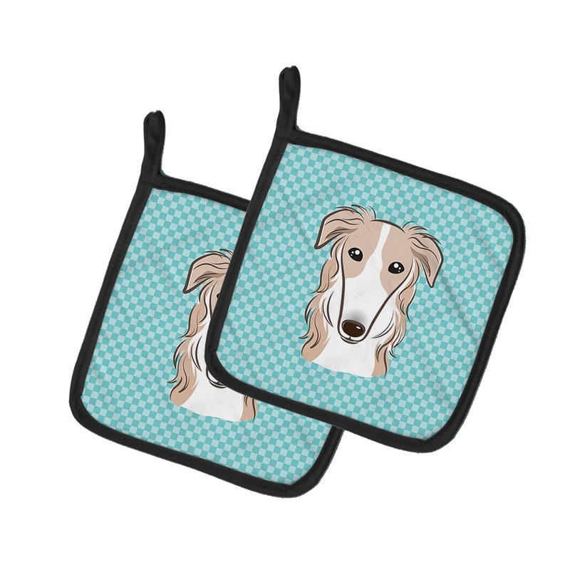 Checkerboard Blue Borzoi Pot Holders - Set of 2 - Heat-Resistant Kitchen Essentials BB1166PTHD