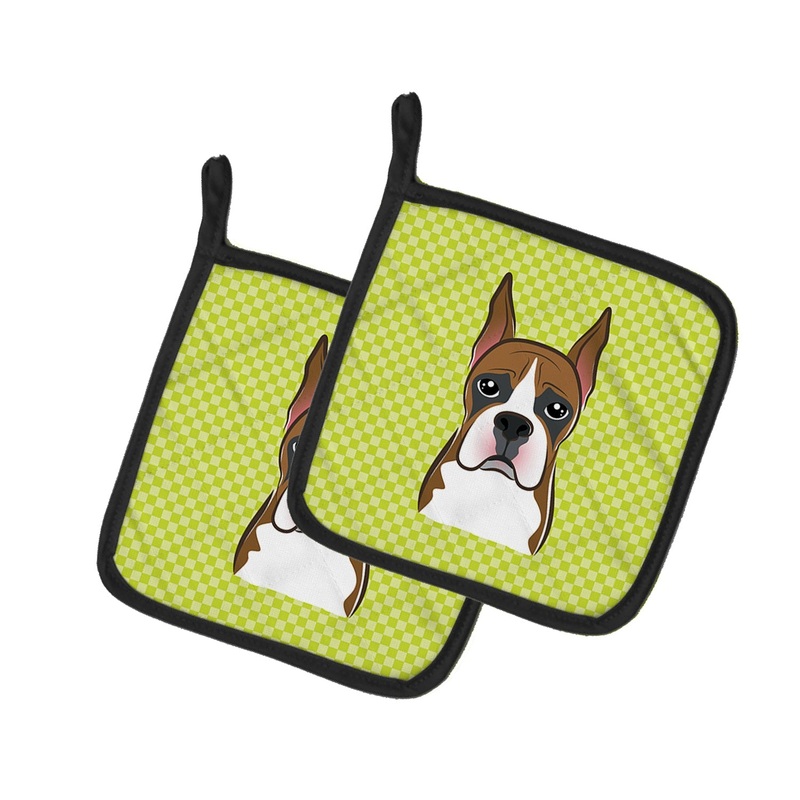 Checkerboard Lime Green Boxer Pot Holders - Set of 2 - Heat-Resistant Kitchen Essentials BB1285PTHD