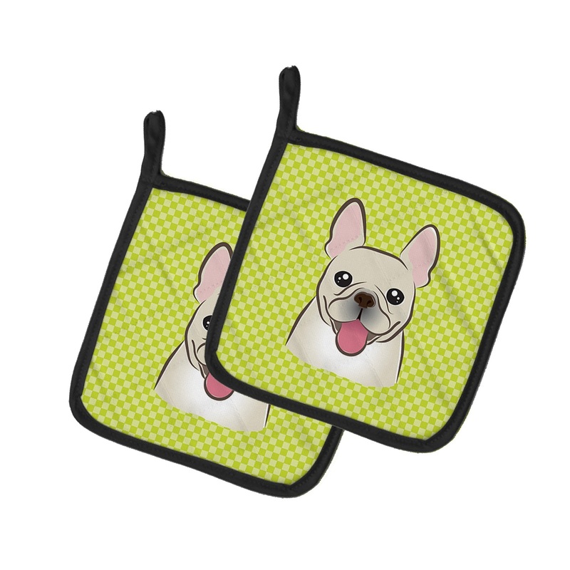 Checkerboard Lime Green French Bulldog Pot Holders - Set of 2 - Heat-Resistant Kitchen Essentials BB1300PTHD