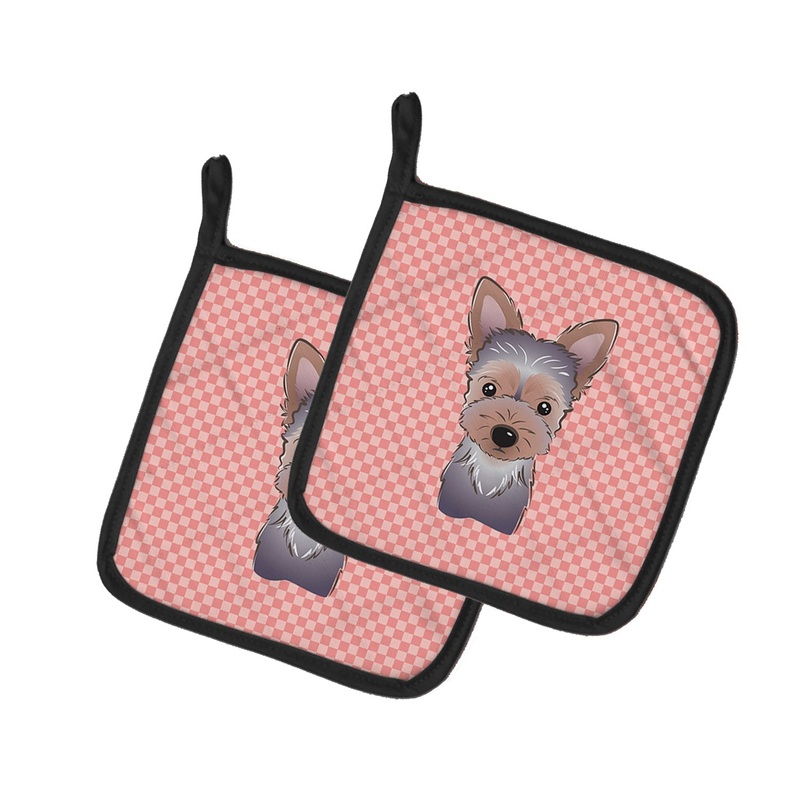 Checkerboard Pink Yorkie Puppy Pot Holders - Set of 2 - Heat-Resistant Kitchen Essentials BB1232PTHD