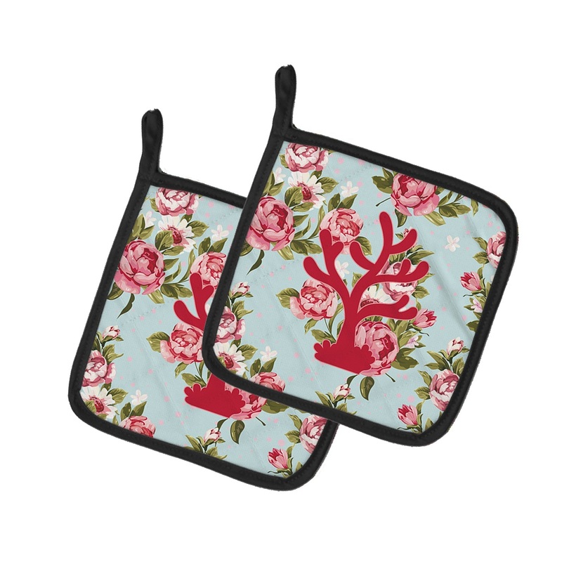 Coral Shabby Chic Blue Roses - Set of 2 - Heat-Resistant Kitchen Essentials BB1101-RS-BU-PTHD