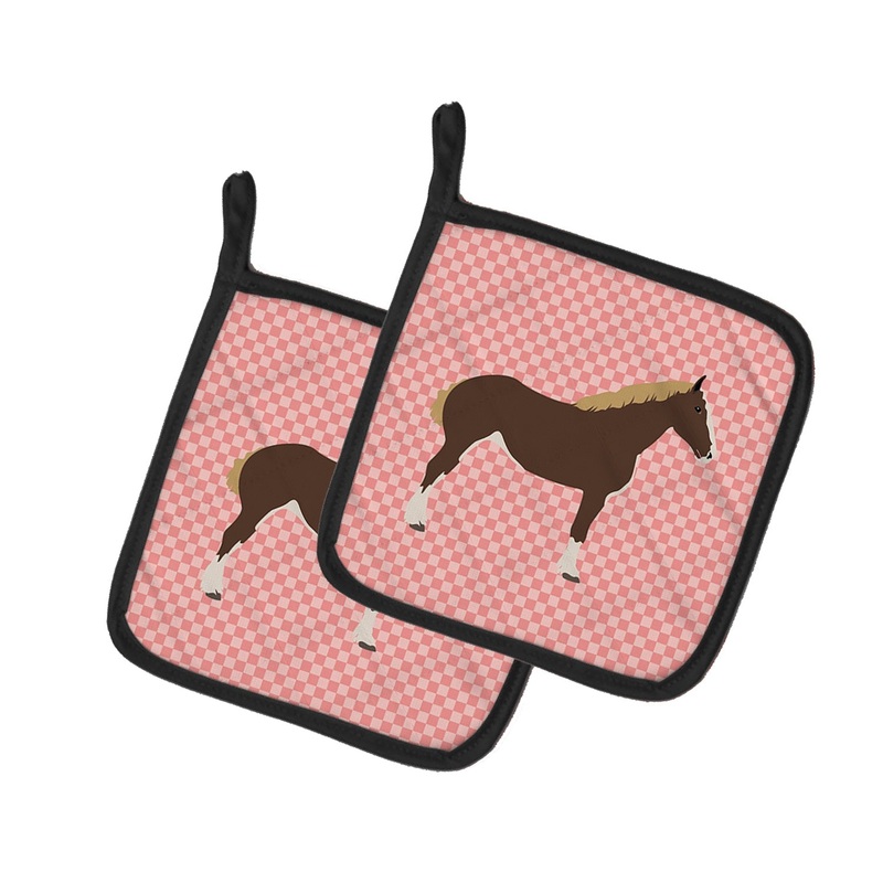 Percheron Horse Pink Check Pot Holders - Set of 2 - Heat-Resistant Kitchen Essentials BB7906PTHD