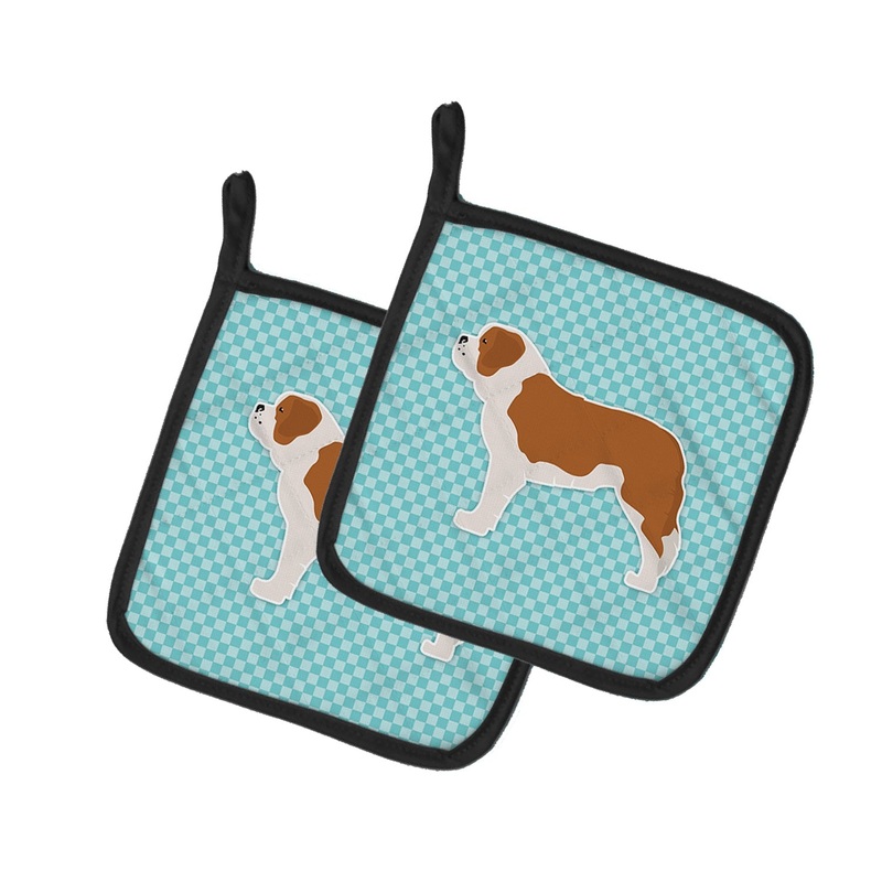 Saint Bernard Checkerboard Blue Pot Holders - Set of 2 - Heat-Resistant Kitchen Essentials BB3776PTHD