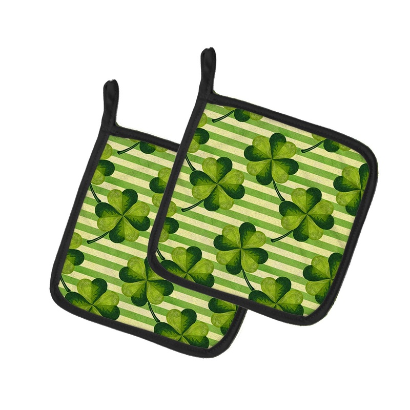 Watercolor Shamrock Stripes Pot Holders - Set of 2 - Heat-Resistant Kitchen Essentials BB7557PTHD