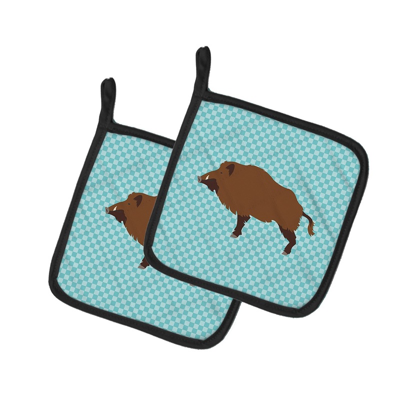 Wild Boar Pig Blue Check Pot Holders - Set of 2 - Heat-Resistant Kitchen Essentials BB8110PTHD