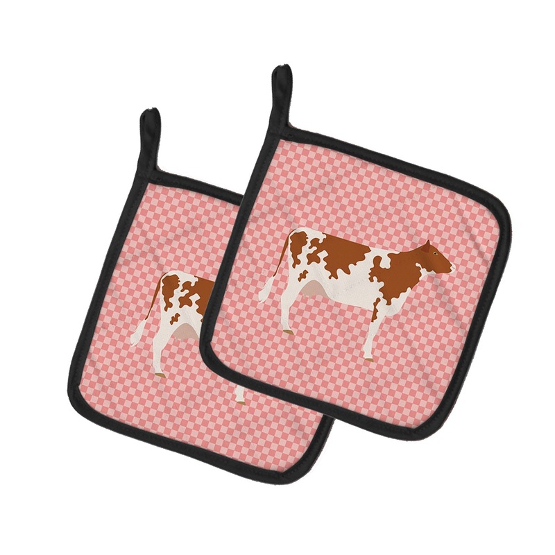Ayrshire Cow Pink Check Pot Holders - Set of 2 - Heat-Resistant Kitchen Essentials BB7827PTHD