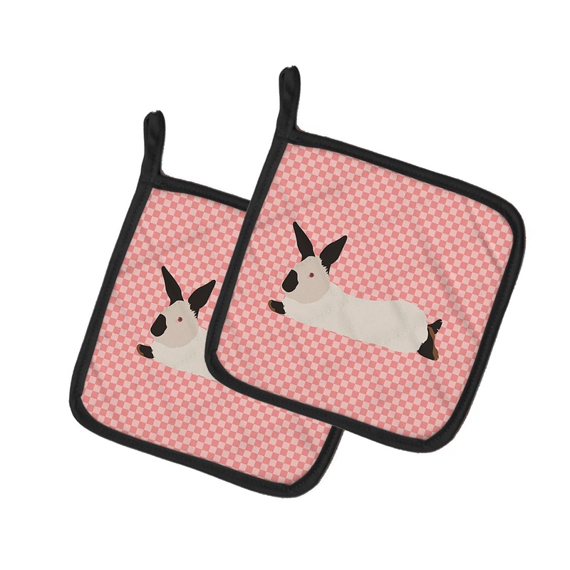 California White Rabbit Pink Check Pot Holders - Set of 2 - Heat-Resistant Kitchen Essentials BB7967PTHD
