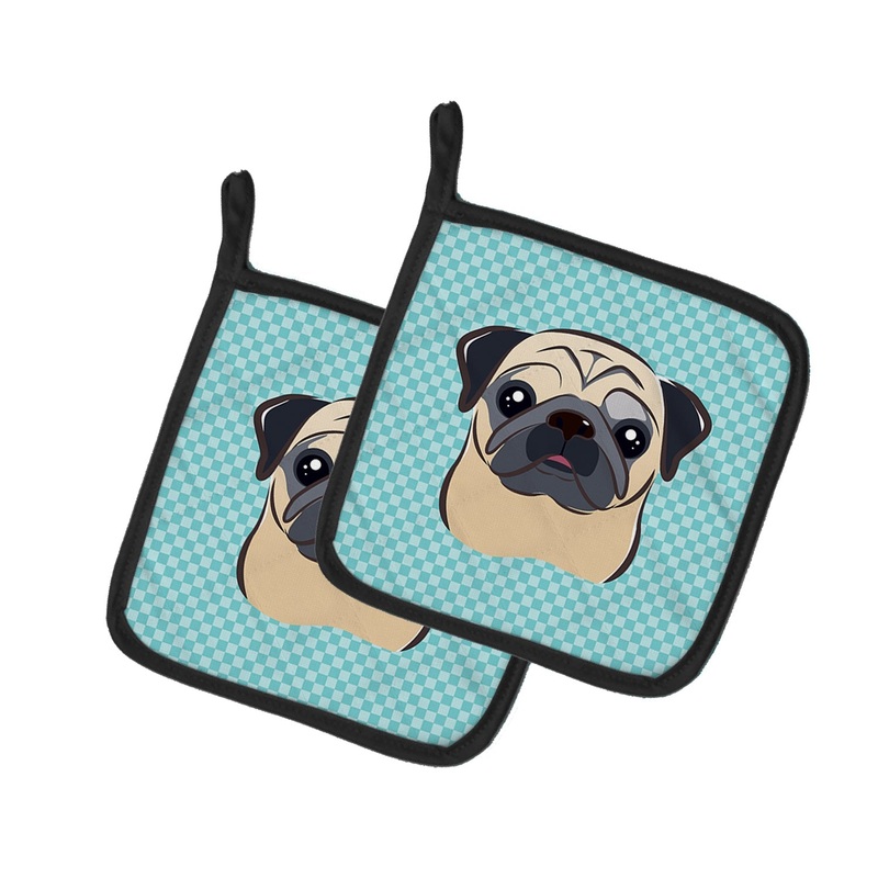 Checkerboard Blue Fawn Pug Pot Holders - Set of 2 - Heat-Resistant Kitchen Essentials BB1200PTHD