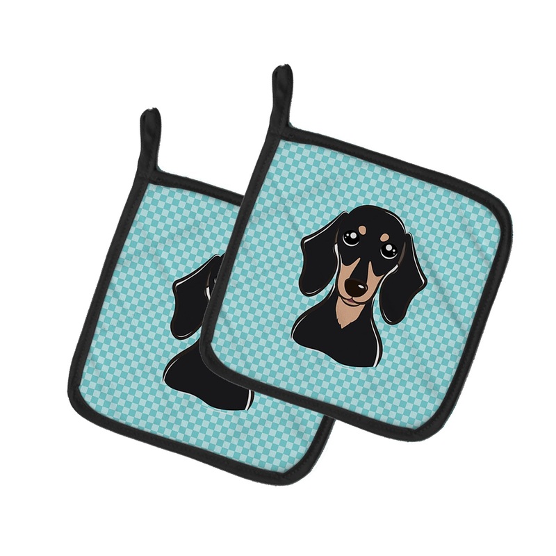 Checkerboard Blue Smooth Black and Tan Dachshund Pot Holders - Set of 2 - Heat-Resistant Kitchen Essentials BB1153PTHD