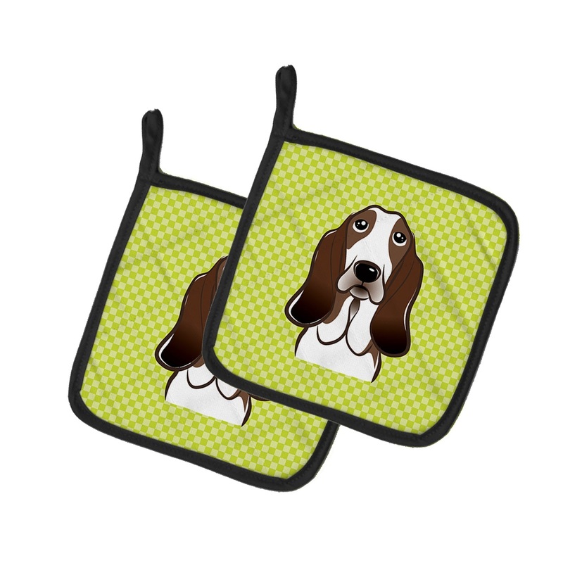 Checkerboard Lime Green Basset Hound Pot Holders - Set of 2 - Heat-Resistant Kitchen Essentials BB1305PTHD