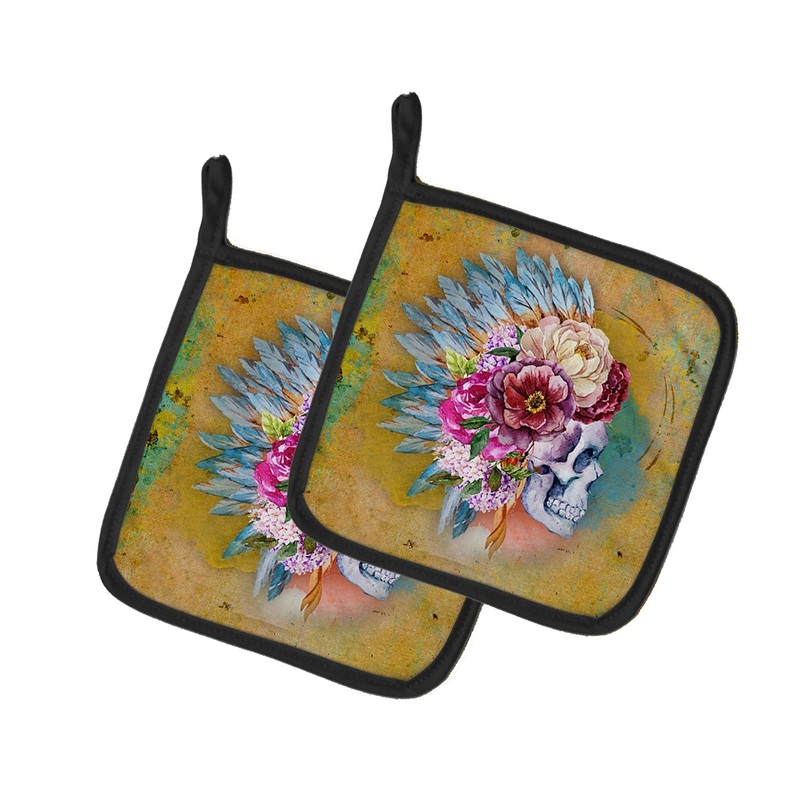 Day of the Dead Flowers Skull Pot Holders - Set of 2 - Heat-Resistant Kitchen Essentials BB5129PTHD