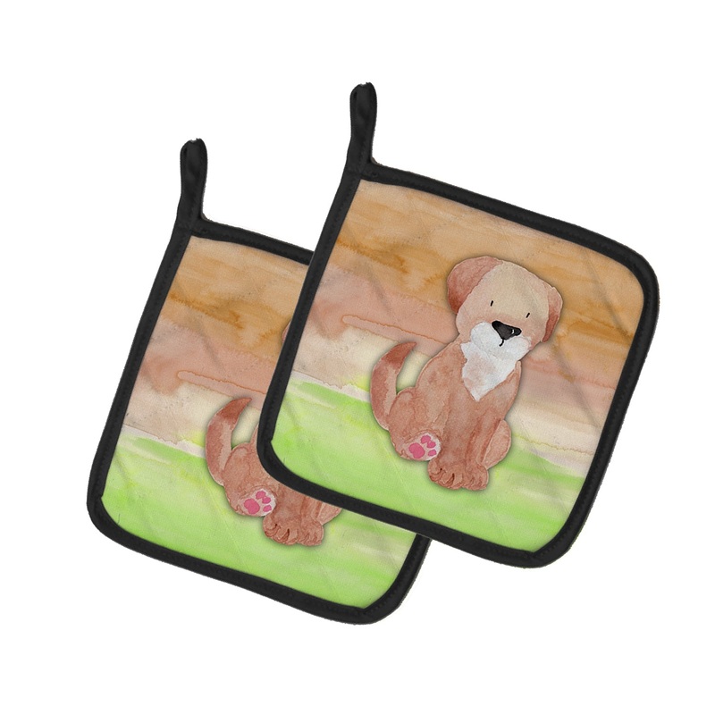 Dog Green and Brown Watercolor Pot Holders - Set of 2 - Heat-Resistant Kitchen Essentials BB7360PTHD