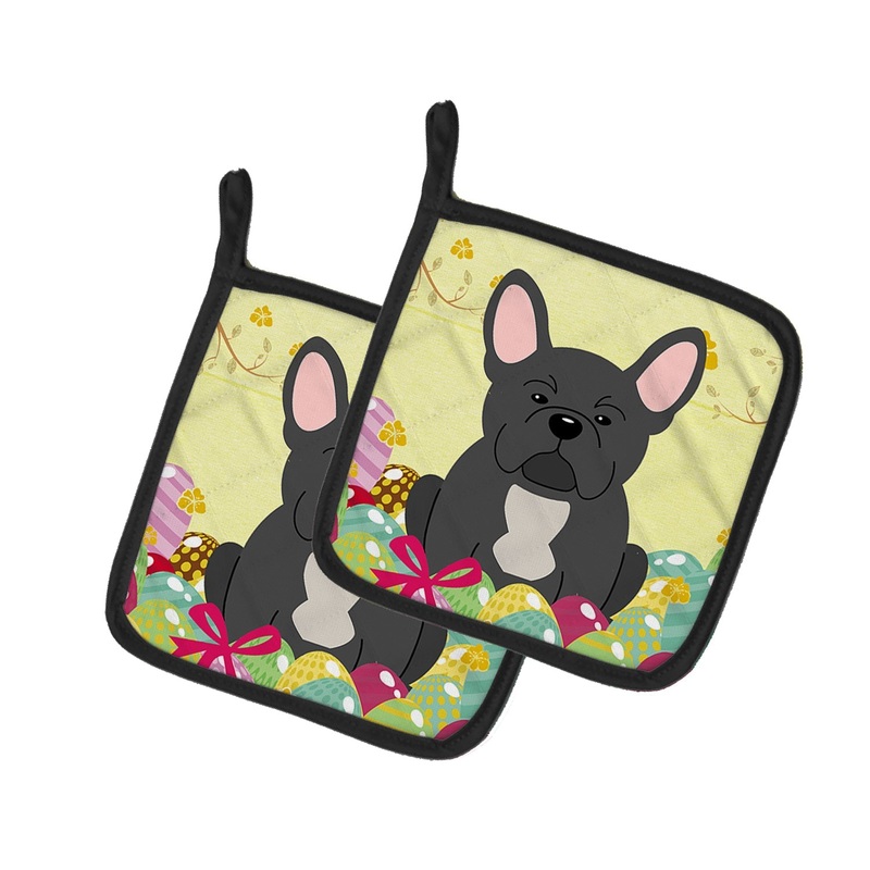 Easter Eggs French Bulldog Black Pot Holders - Set of 2 - Heat-Resistant Kitchen Essentials BB6014PTHD
