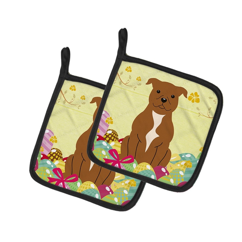 Easter Eggs Staffordshire Bull Terrier Brown Pot Holders - Set of 2 - Heat-Resistant Kitchen Essentials BB6047PTHD