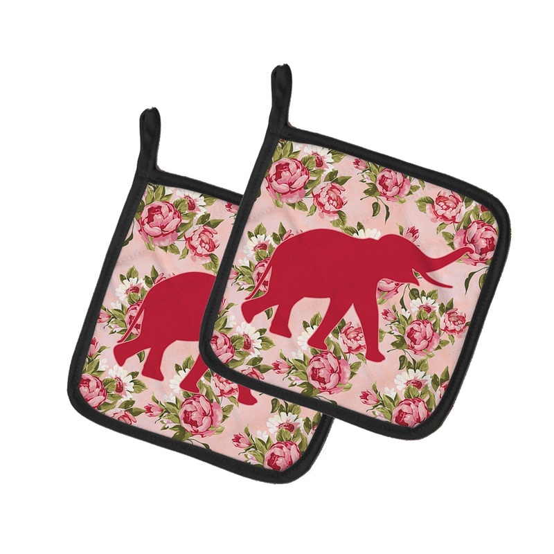 Elephant Shabby Chic Pink Roses Pot Holders - Set of 2 - Heat-Resistant Kitchen Essentials BB1011-RS-PK-PTHD
