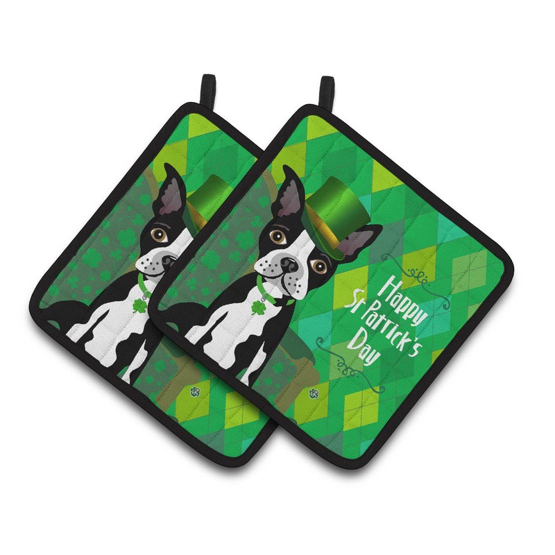St Patrick's Day Boston Terrier Pot Holders - Set of 2 Decorative Kitchen Helpers | Made in the USA VHA3006PTHD