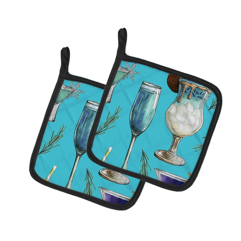 Drinks and Cocktails Blue Pot Holders - Set of 2 - Heat-Resistant Kitchen Essentials BB5203PTHD