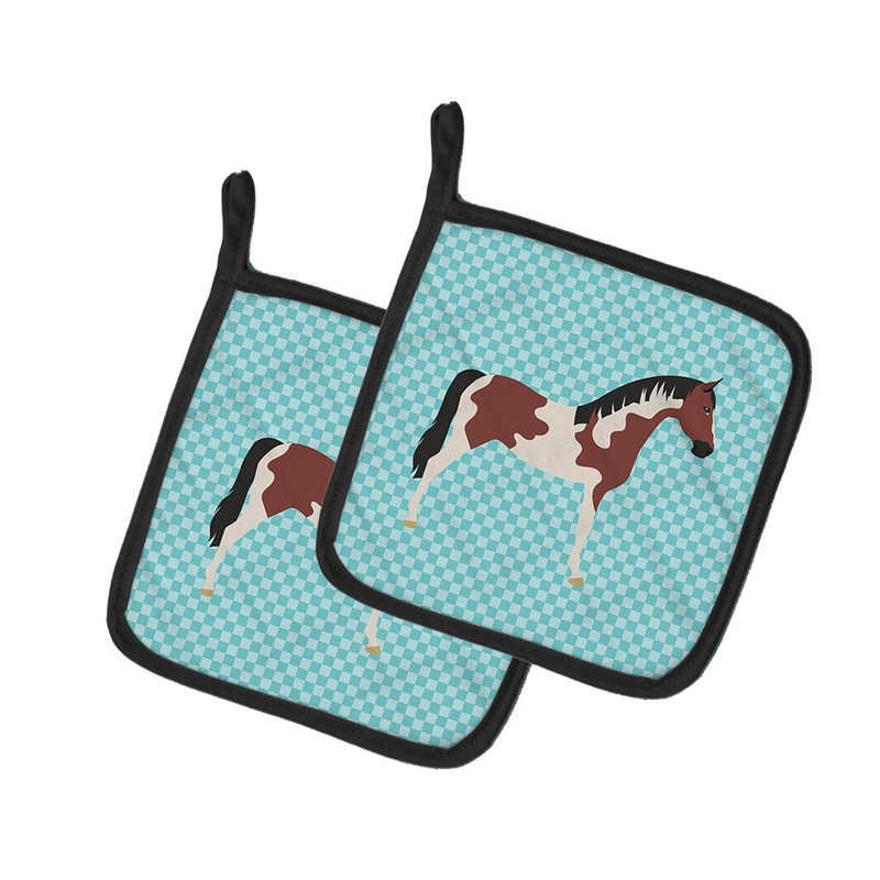 Pinto Horse Blue Check Pot Holders - Set of 2 - Heat-Resistant Kitchen Essentials BB8081PTHD