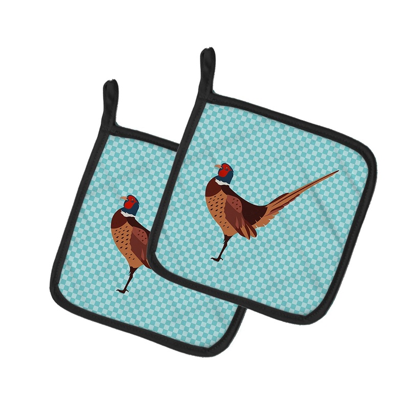 Ring-necked Common Pheasant Blue Check Pot Holders - Set of 2 - Heat-Resistant Kitchen Essentials BB8104PTHD