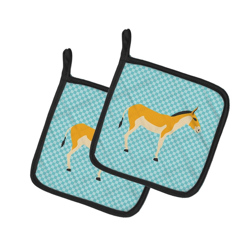 Turkmenian Kulan Donkey Blue Check Pot Holders - Set of 2 - Heat-Resistant Kitchen Essentials BB8028PTHD