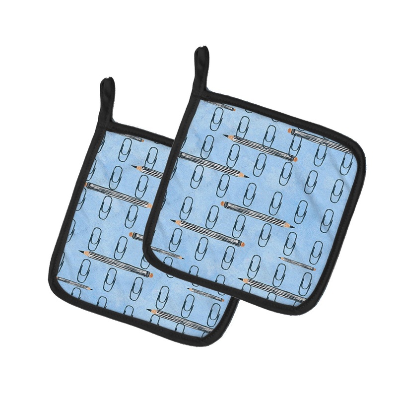 Watercolor Organized Paper Clips Blue Pot Holders - Set of 2 - Heat-Resistant Kitchen Essentials BB7540PTHD