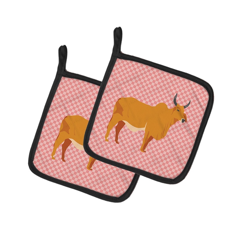 Zebu Indicine Cow Pink Check Pot Holders - Set of 2 - Heat-Resistant Kitchen Essentials BB7825PTHD