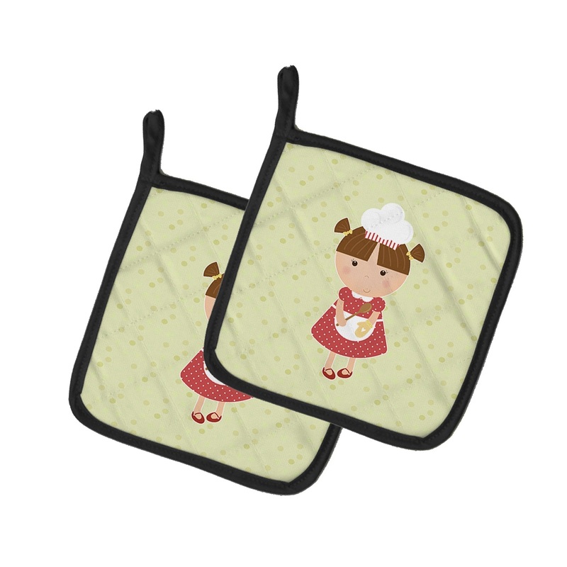 Brunette Baker on Green Pot Holders - Set of 2 - Heat-Resistant Kitchen Essentials BB7307PTHD