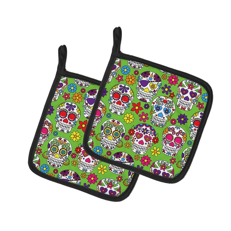 Day of the Dead Green Pot Holders - Set of 2 - Heat-Resistant Kitchen Essentials BB5117PTHD