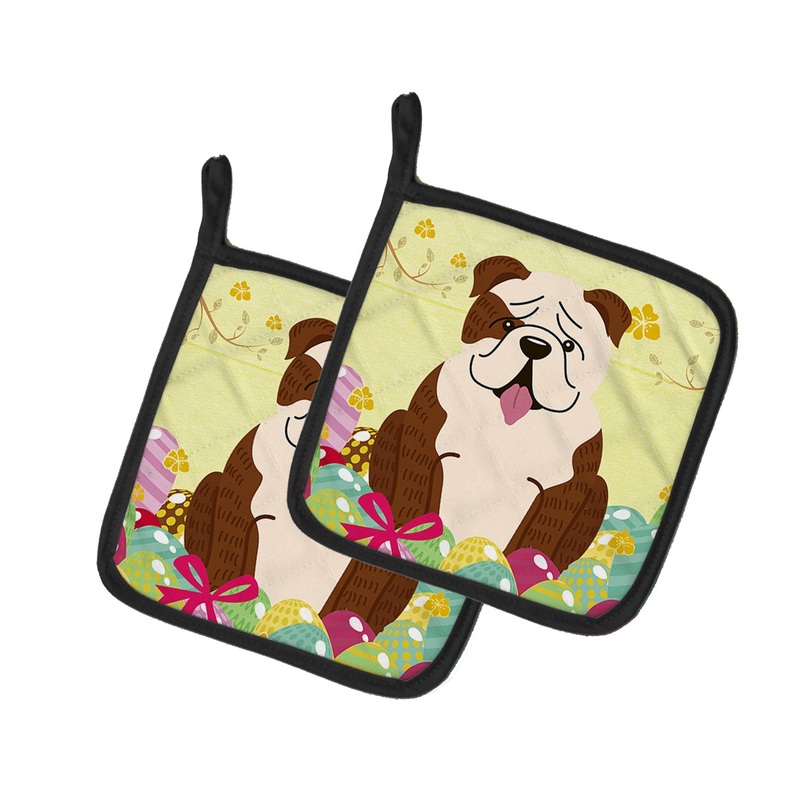 Easter Eggs English Bulldog Brindle White Pot Holders - Set of 2 - Heat-Resistant Kitchen Essentials BB6121PTHD