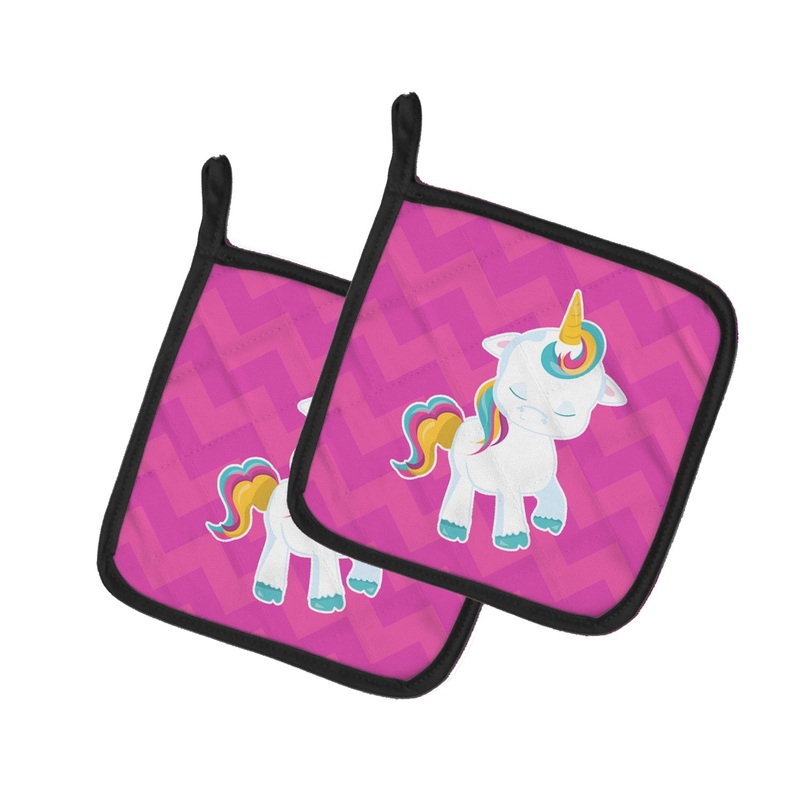 Pink Chevron Unicorn Pot Holders - Set of 2 - Heat-Resistant Kitchen Essentials BB6809PTHD