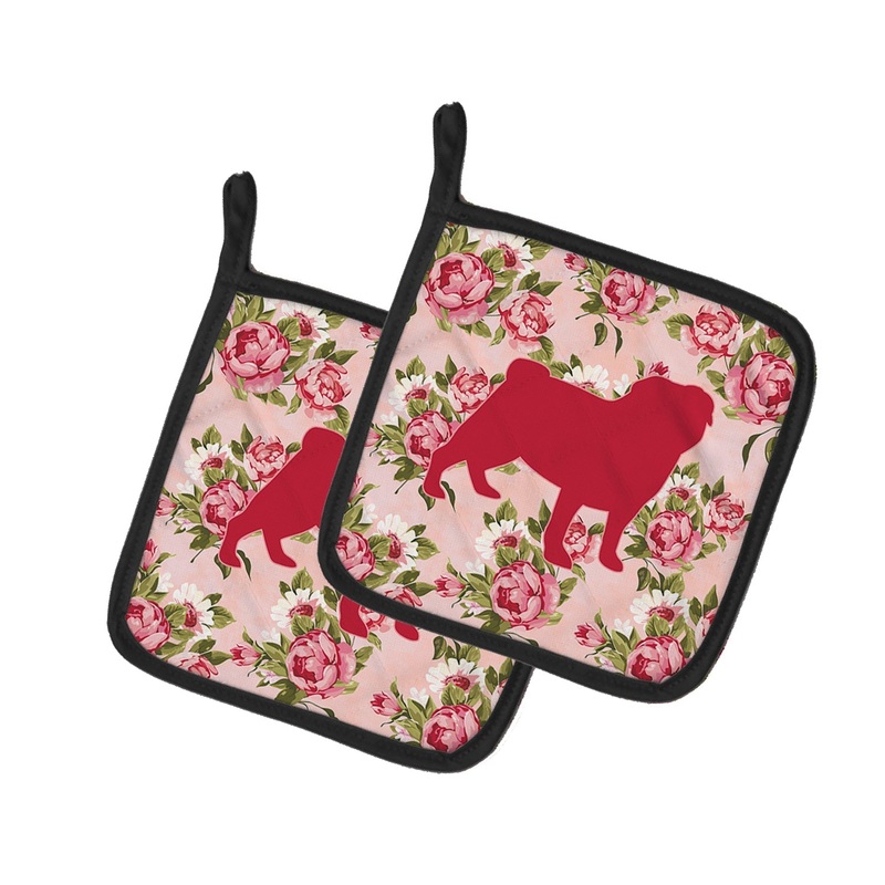 Pug Shabby Chic Pink Roses Pot Holders - Set of 2 - Heat-Resistant Kitchen Essentials BB1112-RS-PK-PTHD