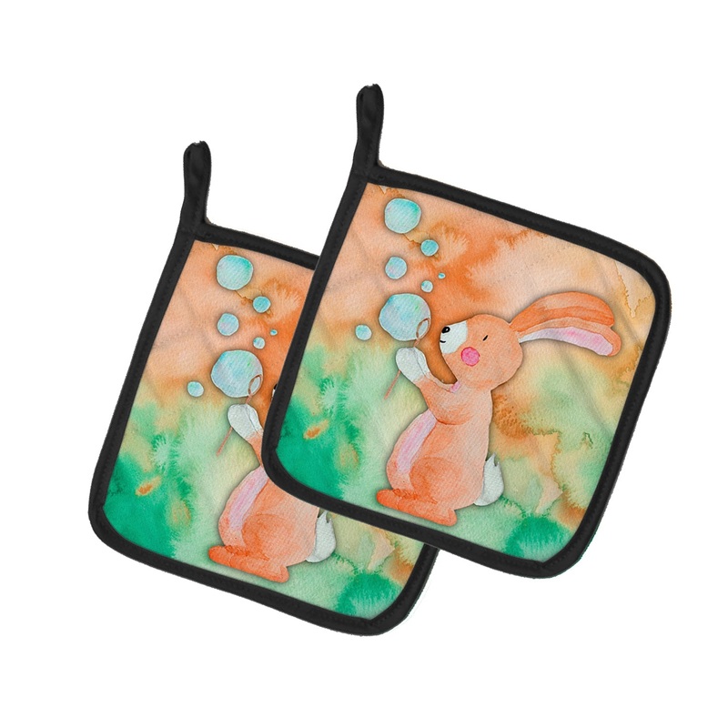 Rabbit and Bubbles Watercolor Pot Holders - Set of 2 - Heat-Resistant Kitchen Essentials BB7349PTHD