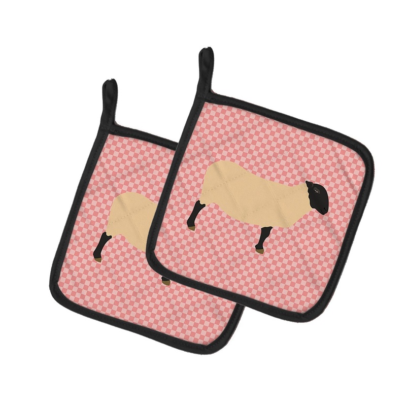 Suffolk Sheep Pink Check Pot Holders - Set of 2 - Heat-Resistant Kitchen Essentials BB7972PTHD