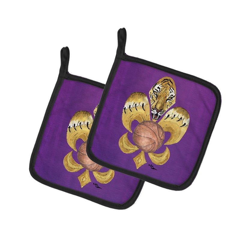 Tiger Fleur de lis Basketball Pot Holders - Set of 2 Decorative Kitchen Helpers | Made in the USA 8478PTHD