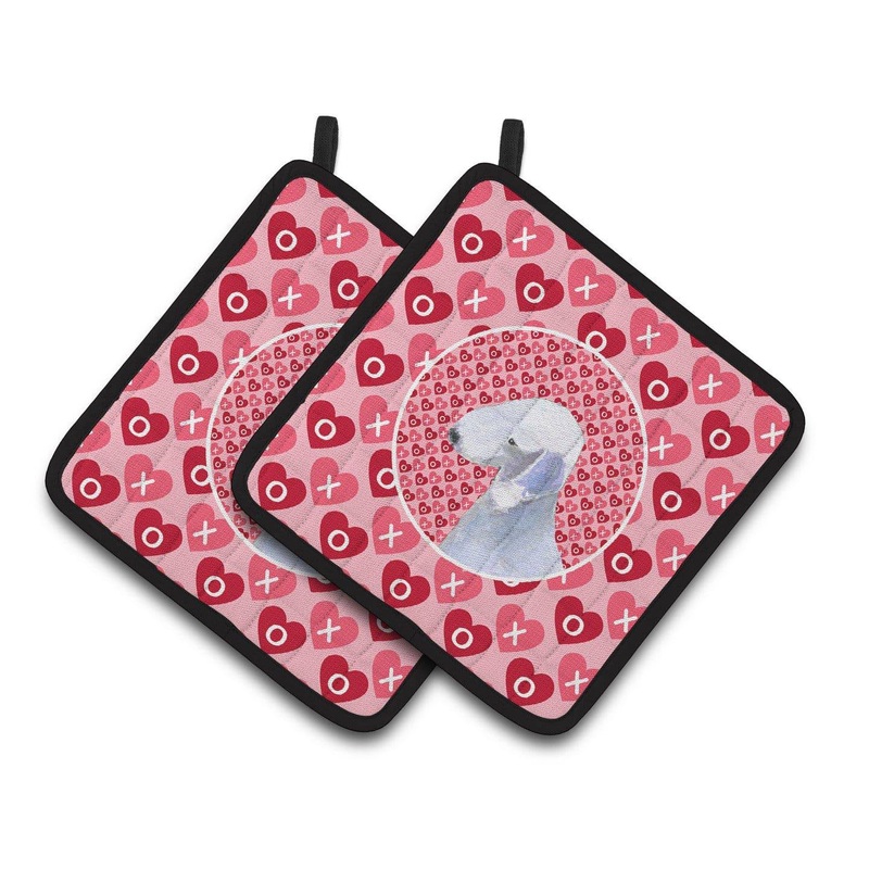 Bedlington Terrier Hearts Love and Valentine's Day Portrait Pot Holders - Set of 2 Decorative Kitchen Helpers | Made in the USA SS4483PTHD