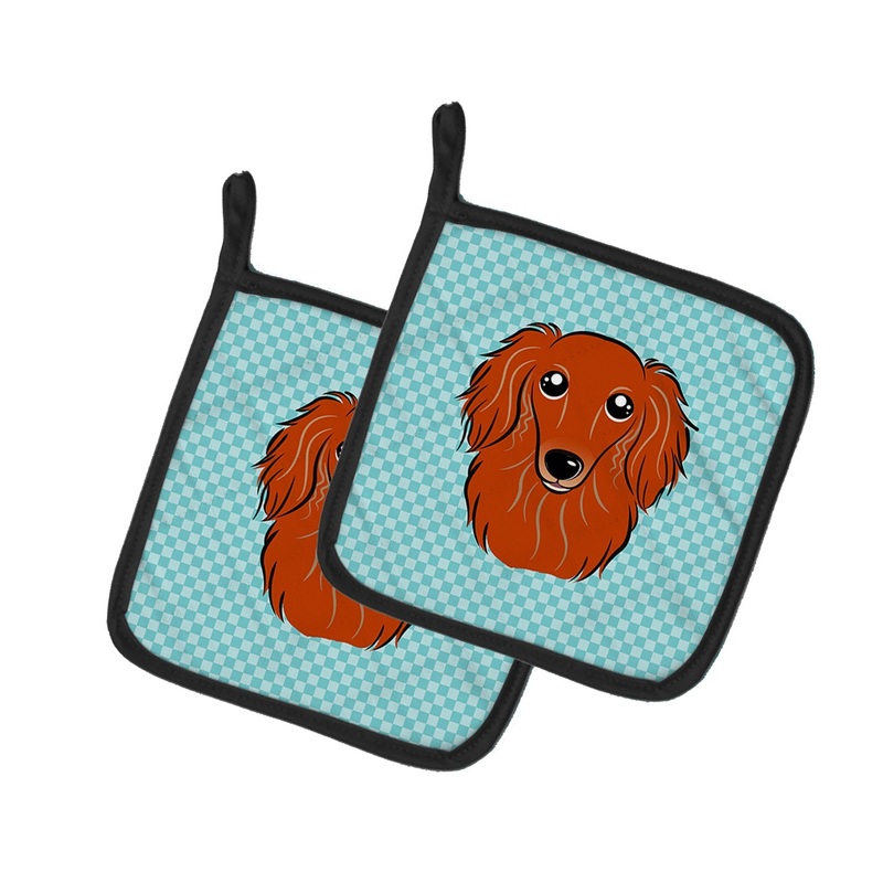 Checkerboard Blue Longhair Red Dachshund Pot Holders - Set of 2 - Heat-Resistant Kitchen Essentials BB1152PTHD